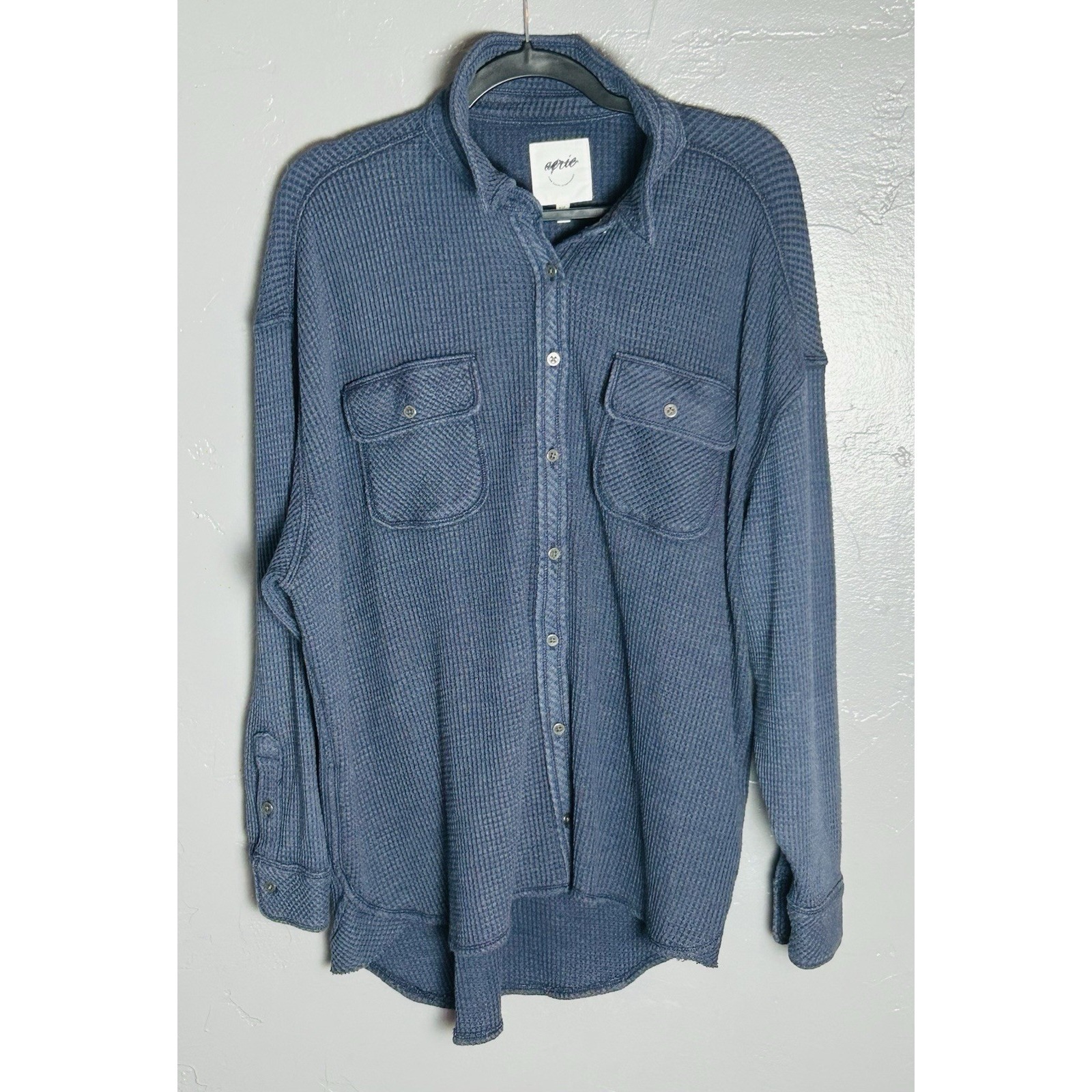 Aerie Lumberjane Waffle Knit Oversized Shirt In A Blue Denim Hue Size S Relaxed